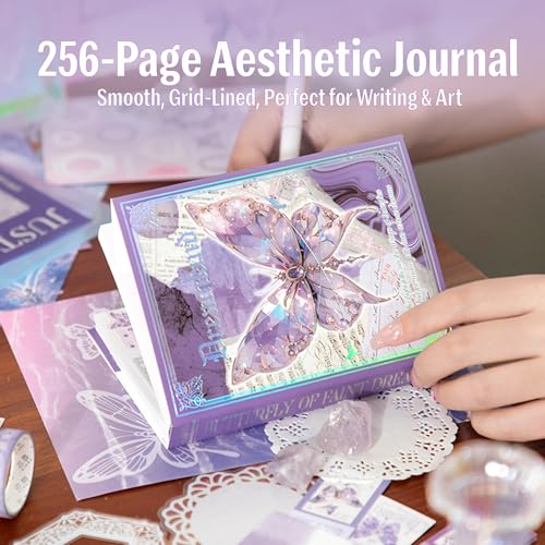 Image of The AutoStory Fantasy Scrapbook Kit A6 Junk Journal Notebook Aesthetic Stickers Magic Decorative Papers Washi Tape DIY Craft Art Hobby Materials Present for Teens Girls (Dreamland, Purple)