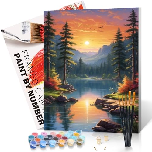 Offito Paint by Numbers Kit for Adults Framed Canvas - 16x20 Inch Lake Landscape Adult Paint by Number Kits with Frame, Sunset DIY Acrylic Framed Canvas for Painting Kits for Adults with Gift Box
