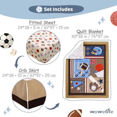 Wowelife Sports Mini Crib Bedding Set Boys Brown 3PCs Mini Crib Comforter Set Basketball Baseball Rugby Nursery Bedding Sets for Boys with Soft Comforter, Crib Skirt and 38x24 Sheet, Brown by Wowelife - Image 3
