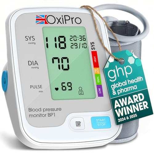 OxiPro BP1 Blood Pressure Monitors - Health & Pharma Recommended - BP Blood Pressure Machines for Home Use with Heart Rate Monitor & Large Cuff - Blood Pressure Monitors White