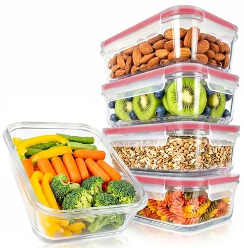 Image of Nutrichef 10-Piece Glass Food Containers - Stackable Superior Glass Meal-prep Storage Containers, Newly Innovated Leakproof Locking Lids w /Air Hole, Freezer-to-Oven-Safe (Red)