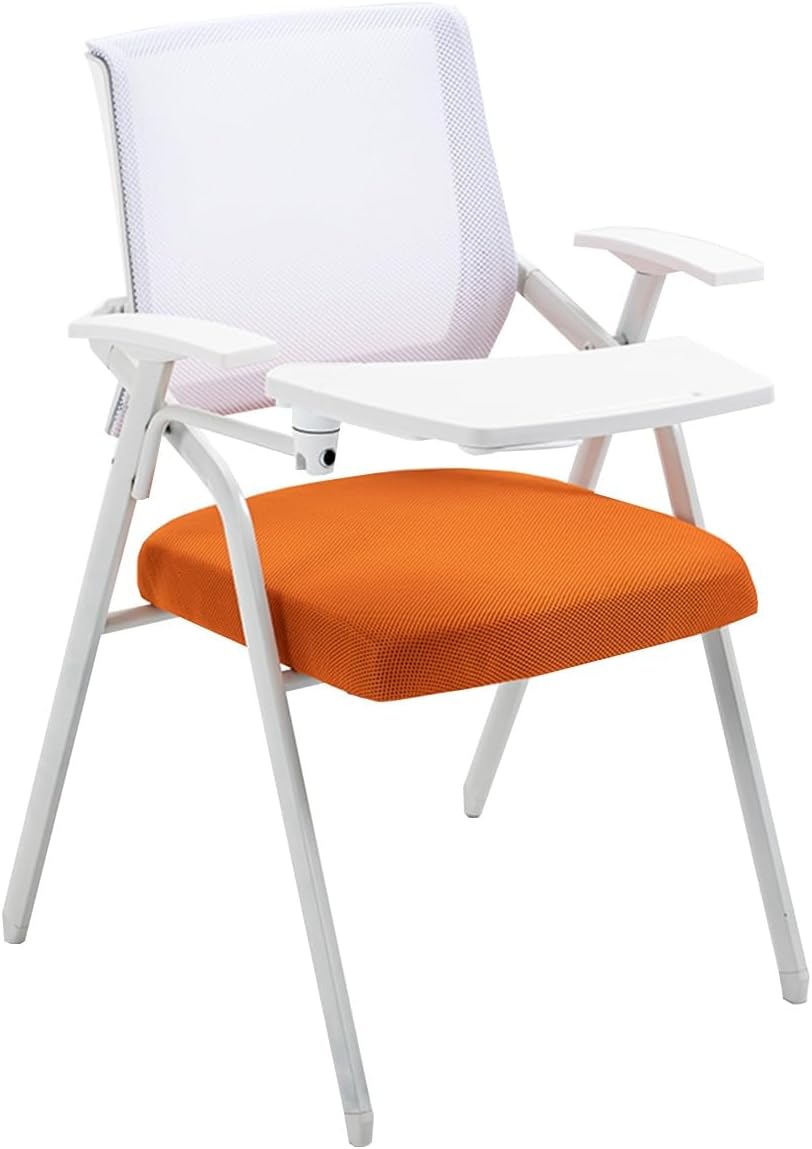 Mesh Office Chair With Attached Desk for Adults - Ergonomic Folding Chair With Writing Board, Metal Frame Backrest for Conference Room, Meeting, Student (Orange)