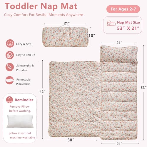 Image of Toddler Nap Mat with Removable Pillow,Ultra Soft Slumber Bags for Girls,Kids Sleeping Bags with Roll Up Design, Perfect for Preschool,Daycare,Kindergarten