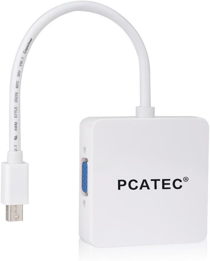 PCATEC Mini Display Port DP to DVI VGA HDMI TV AV HDTV Adapter Cable 3 in1 for Mac Book, iMac, Mac Book Air, Mac Book Pro, and Mac Mini-Square Shape