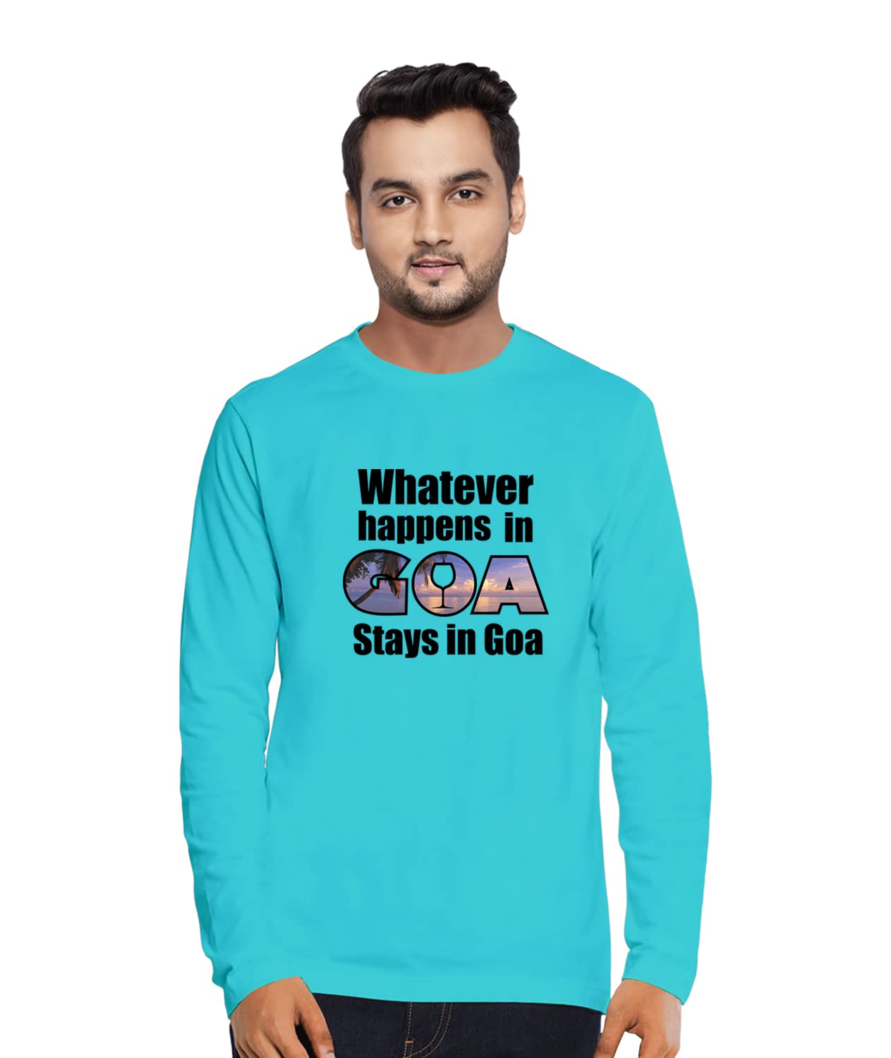 OPLUMen's Regular Fit Whatever Happen in Goa Stay in Goa Cotton Graphic Printed Round Neck Full Sleeves Black & White T Shirt. Goa, Travel, Beach, Trip, Trendy, Trending Tshirts, Pootlu.