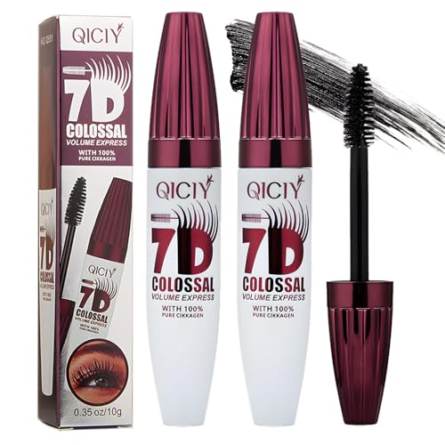 2 Packs Qiciy 7d Colossal Mascara 0.35 oz Black Long-Lasting & Buildable Volume Natural Length Exquisitely Full Lashes Smudge-Proof Thickening Eye Makeup for Defined Curl (2Pcs)