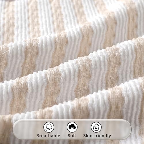Happy Town Toddler Swimsuit Girl Solid Color Stripe One-Piece Baby Bathing Suits (Beige Almond Stripe, 4-5 Years)