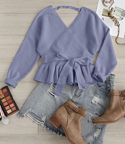 Image of ZESICA Women's Fall 2026 Wrap V Neck Long Batwing Sleeve Belted Waist Ruffle Knitted Sweater Pullover Top