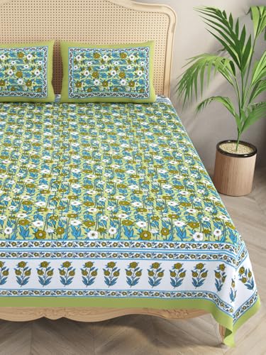 Image of Cotton Bedsheet, Printed Bedsheet for Double Bed with 2 Pillow Covers, Eco-Friendly Bedsheet for Bedroom, Guestroom & Living Room, Size - 90 * 108 (Leaf Green & Blue)