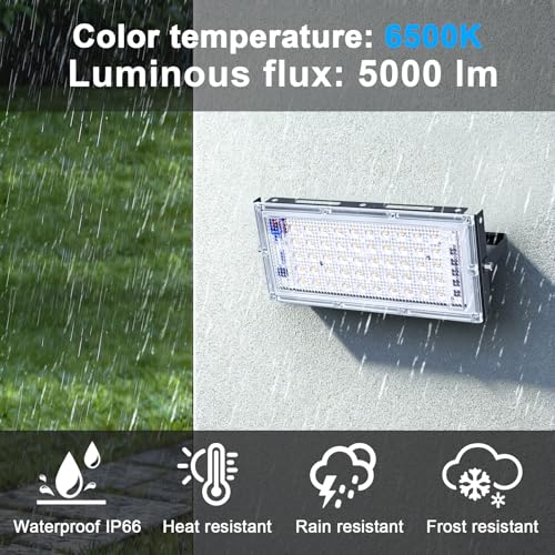 50W Flood Light Outdoor, 4 Pack 5000 Lumens LED Flood Light, 6500K Super Bright Plug in Outdoor Lights, IP66 Waterproof Work Light Exterior Security Lights for Garden, Yard, Garage, Playground by BOSITE - Image 3