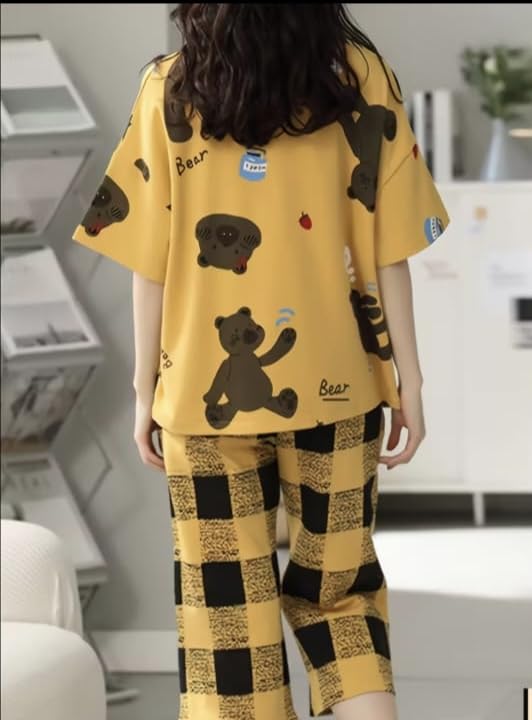 Image of Women Capri Pajama Set Korean Style Nightsuit Soft Breathable Top and Mid Length Pants Lightweight Loose Fit Nightwear Loungewear
