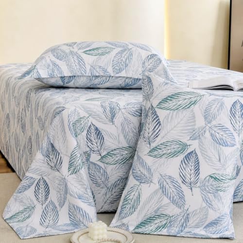 Image of Jaipur Weaves Cotton King Size Bedsheet 108x108 Super King, 100% Pure Cotton Bed Sheet with 2 Pillow Covers, 240 TC Soft Breathable Leafy Design Bedding - (Tealish Blue, Super King)