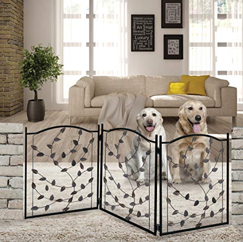 Zoogamo 3 Panel Leaf Design Metal Pet Gate - Durable Lightweight Extra Wide Expandable & Folding Home/Indoor/Outdoor Dog Fence