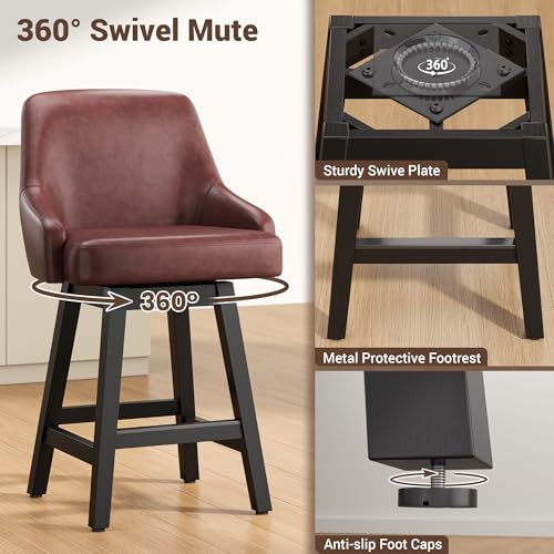 Image of YaFiti Swivel Counter Height Bar Stools Set of 3, 24 inch Modern Faux Leather Barstool with Back, Widen Upholstered Seat, Hardened Wood Legs for Kitchen Counter, Island, Dining Room, Brown