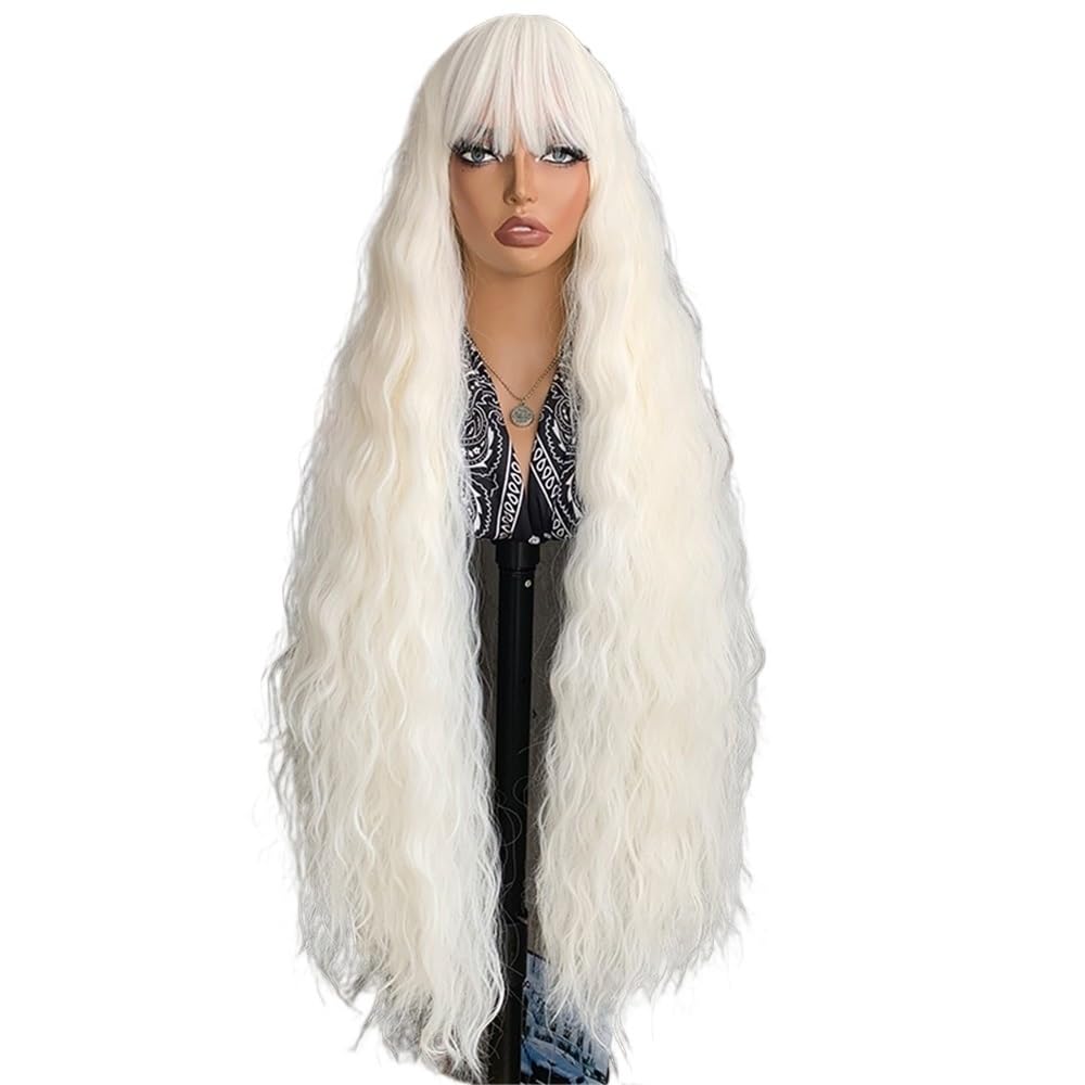 xiuling4568 Long Curly Wig With Bangs For Women, 40 Inch Wavy Synthetic Bounce Fluffy Natural Style Wigs For Daily Use Hairs Extensions(White)