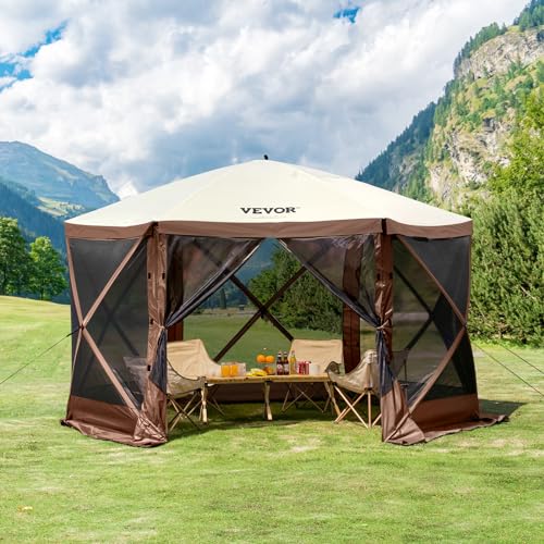 VEVOR Pop Up Gazebo Tent, Pop-Up Screen Tent 6 Sided Canopy Sun Shelter with 6 Removable Privacy Wind Cloths & Mesh Windows, 11.5x11.5FT Quick Set Screen Tent with Mosquito Netting, Brown - Image 8
