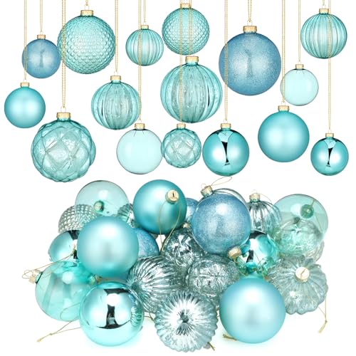 24 Pcs Glass Christmas Ball Ornaments, Teal, 3.15"