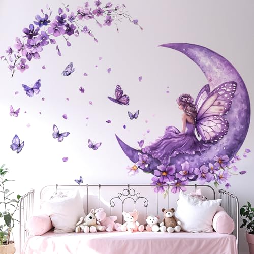 VePret Purple Fairy Wall Decals Peel and Stick, Butterflies Moon Flowers Wall Stickers, Removable Vinyl Home Decor Art for Girls Bedroom Baby Nursery Daycare