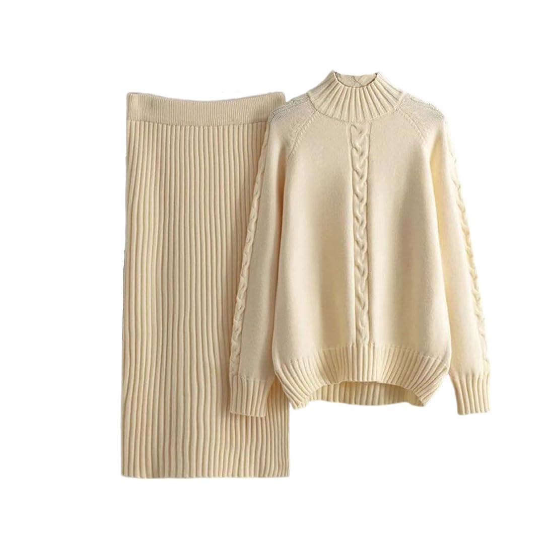 Women Half Turtleneck Knitted Pullover Tops High Waist Slim Skirts Ensembles