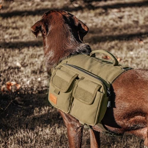 OneTigris Hundegeschirr mit Tasche, Hoppy Camper 3.0 Camping Wandern Hunderucksack für für Mittlere/Große Hunde, Rucksack für Hunderücken 2 Haupttaschen 4 Nebentaschen - Braun M