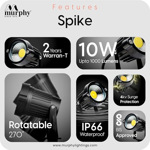 Image of Murphy 10W Heavy-Duty LED Spike Focus Light - IP65 Water Resistant, Adjustable 180, High-Grade Aluminium Material, Outdoor Garden Lights with 2 Years Warranty (Warm White), Pack of 2