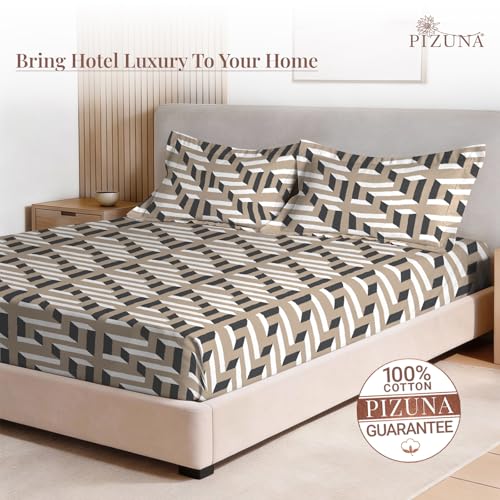 Image of Pizuna 100% Cotton Bedsheet Super King Size with 2 Pillow Covers, 400 Thread Count Long Staple Cotton, Mosaic Printed Pattern Flat Bed Sheet 108X108 Inch for Superking Bed, Beige