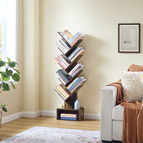 Tajsoon 9 Tier Tree Bookshelf With Drawer Bookcase, Floor Standing Book Storage Rack, Tall Bookshelf For Cds/Books/Movies, Book Organizer For Bedroom, Living Room, Home Office, Rustic Brown #TOP1