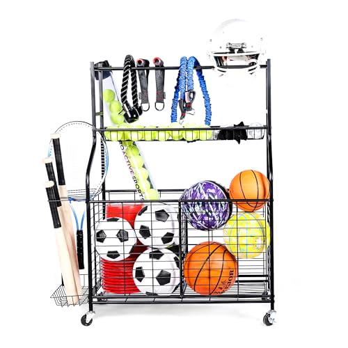 Sports Equipment Organizer – 29.6″ W x 42.7″ H – Rolling Garage Ball Storage Rack – Golf Bag Storage Stand & Other Sports Equipment & Toys – Indoor/Outdoor Stand – Removable Basket