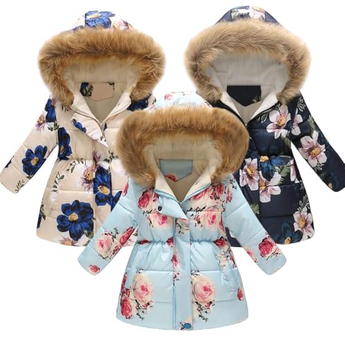 Girl's Winter Coat Faux Furry Hooded Jacket Kids Toddler Flower Parka Zip Up Fleece Outwear Warm Light Puffer Jacket2