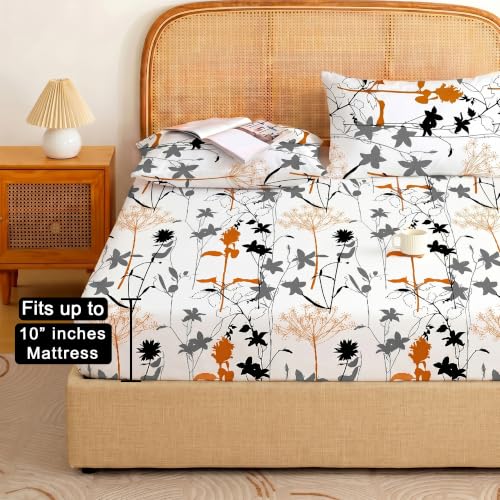 Image of Story@Home King Size Air Cotton Fitted Bedsheet 240 TC Fitted Sheet with 2 Pillow Covers, Soft & Durable Bed Sheet for King Bed (182 x 198 cm, Floral Print, White)