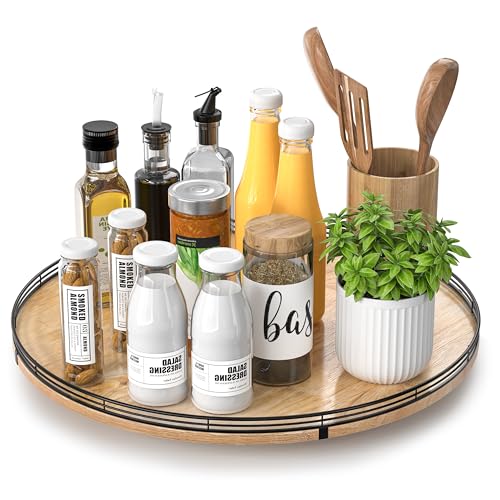 Image of 18 inch Lazy Susan Oak Wood Turntable Organizer for Cabinet, Farmhouse Round Wooden Large Lazy Susan Organization and Storage for Dining Table, Pantry, Kitchen, Countertop, Cupboard, Home Decor