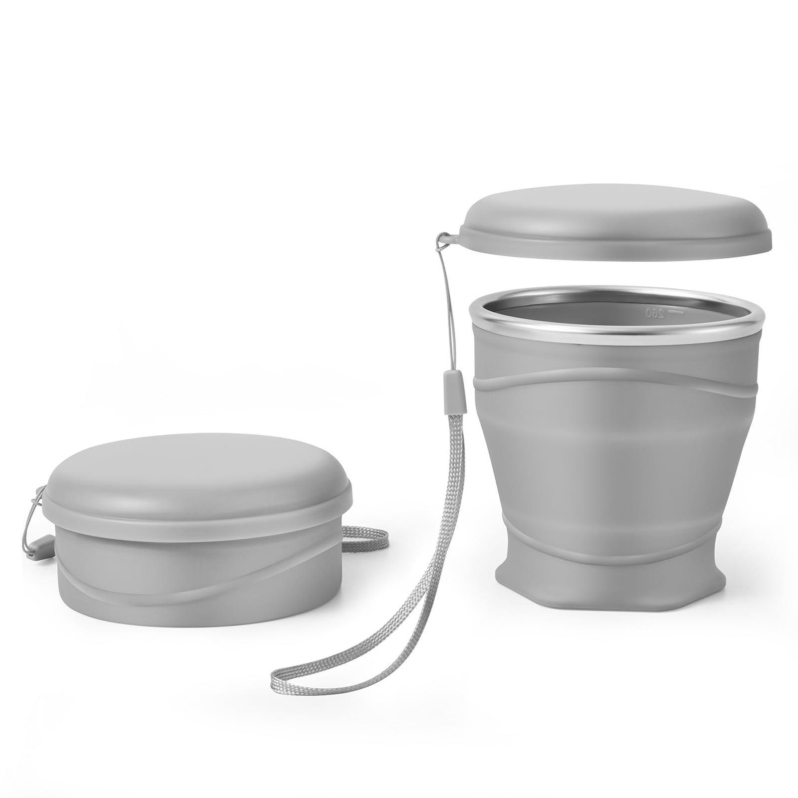 Bidponds 8.8oz/260ml Collapsible Silicone Cup with Lid,BPA-Free,304 Stainless Steel Rim,Portable Cup for Travel,Camping, Hiking,Outdoor Sports (Gray)