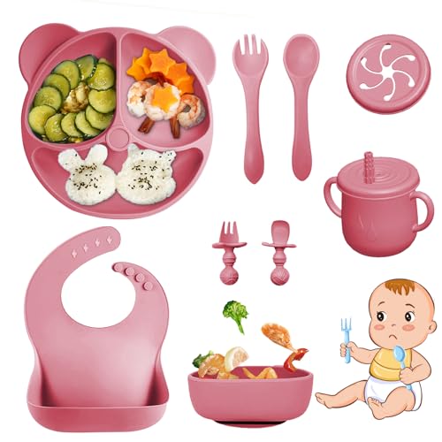 Bizcasa Vajilla Bebe Silicona, 9 Piezas Vajilla de Silicona para Bebés Antideslizante, Con Plato Cuenco Babero Taza, Vajilla de aprendizaje para comer destete, Sin BPA (Rosa oscuro)