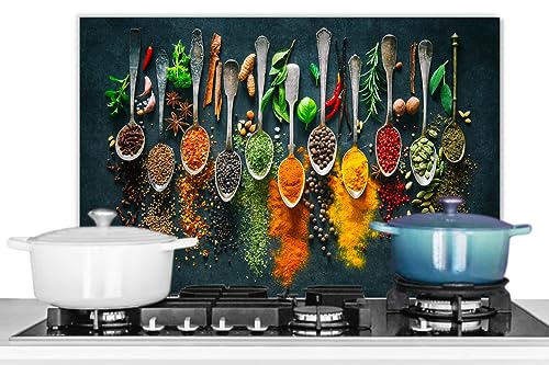 KitchenYeah© Antisalpicaduras Cocina 70x50 cm Protector Salpicaduras Pared Chapa Aluminio Kitchen Panel Vitrocerámica Accesorios Salpicadero Decoración Hierbas - Especias - Cucharas