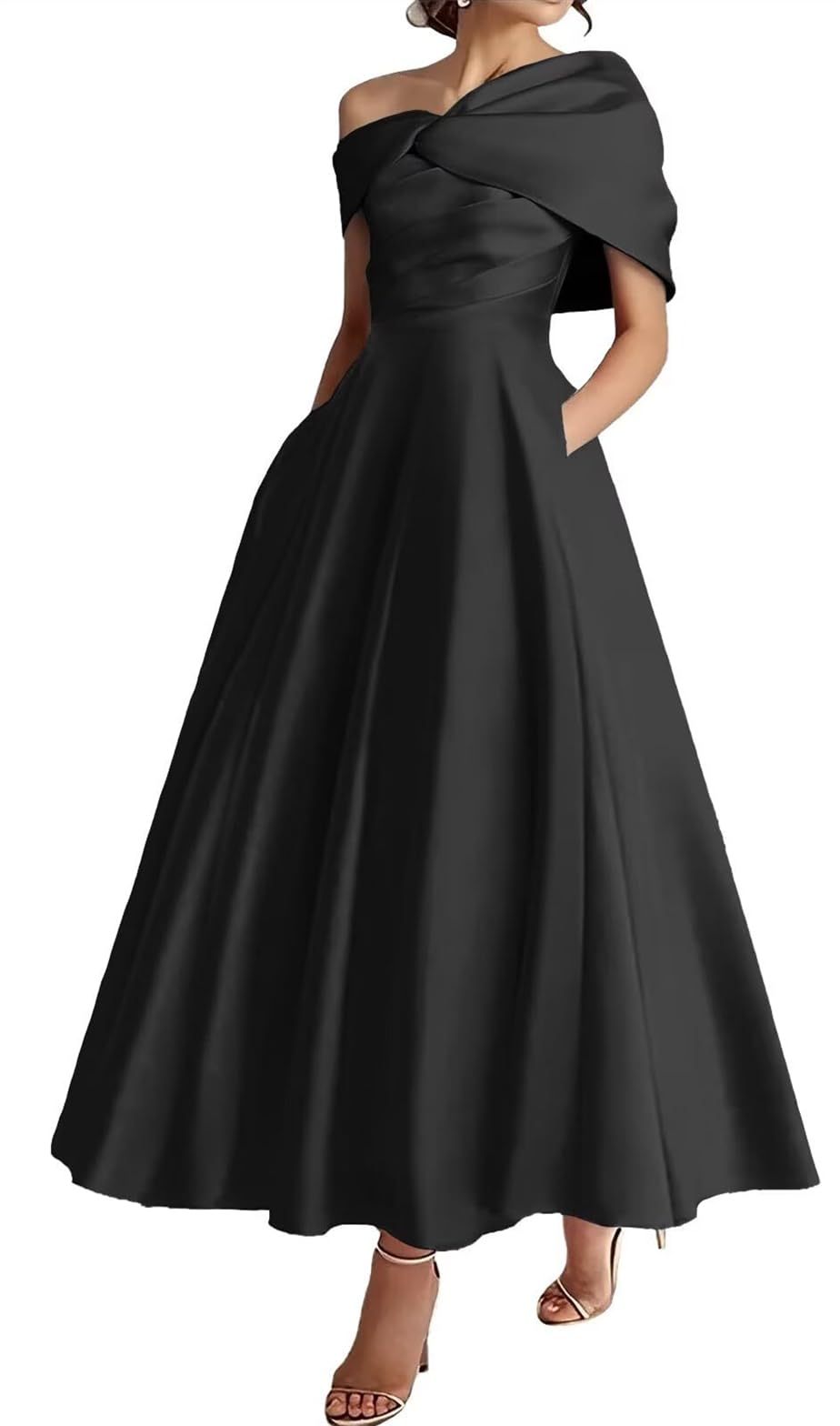 Wseyu Women's Black One Shoulder Mother Of The Bride Dresses With Pockets Satin Formal Evening Prom Gown Tea Length Zmki328 Uk16