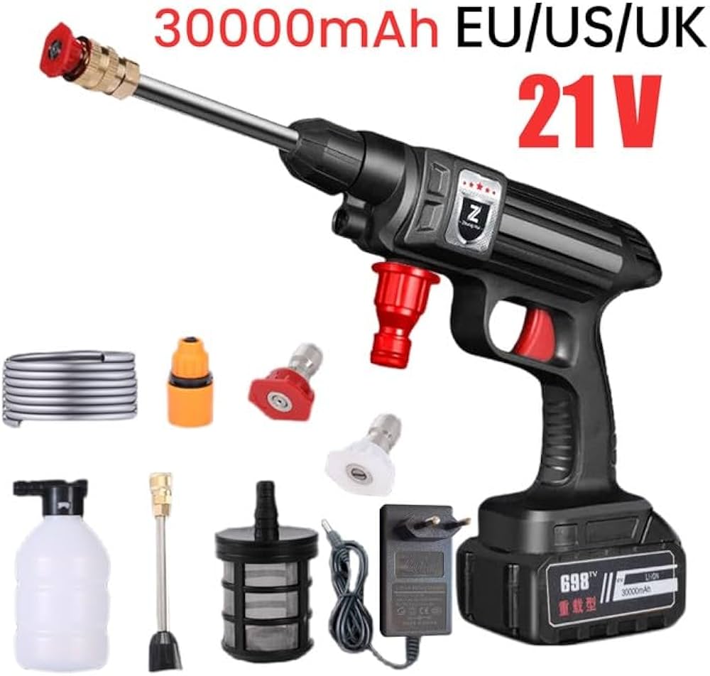 Gisam Pressure Washer Max Accu-hogedrukreiniger, mobiel met 2 x 4,0 Ah batterijen, 6-in-1 multifunctioneel mondstuk, 180° draaibaar mondstuk, schuimsproeier, 5 m slang, reiniging en irrigatie