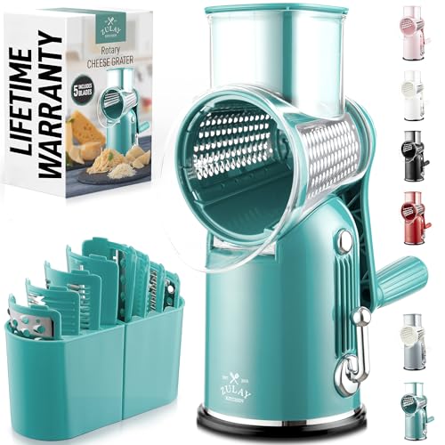 Image of Zulay Kitchen Rotary Cheese Grater 5 Blade Cheese Shredder - Manual Hand Crank Cheese Grater With Reinforced Suction & 5 Interchangeable Drums - Easy to Use, Vegetable Chopper Round Mandoline Slicer