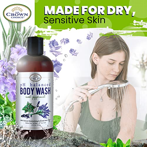 The Crown Choice Natural Body Wash For Women & Men With Sensitive Skin 12Oz – Best Ph Balance Shower Gel Liquid For All Skin Types – Made With Essential Oils, Aloe, Spearmint, Lavender, Manuka #TOP5