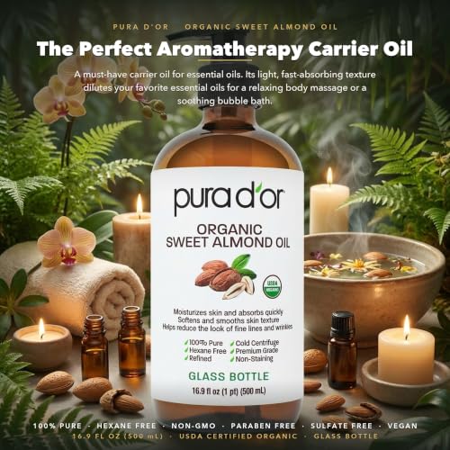 PURA D'OR ORGANIC Sweet Almond Oil (GLASS BOTTLE) Pure Cold-Pressed, 16.9oz - image 5