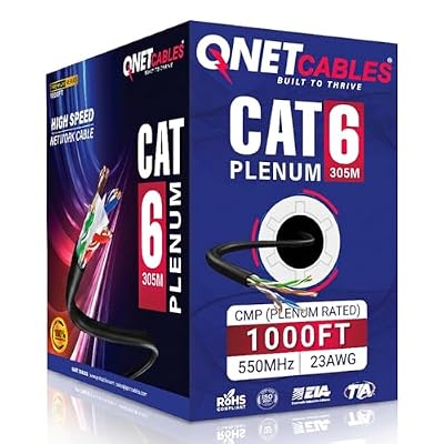 QNET CABLES CAT6 Plenum Ethernet Cable 1000ft (CMP), Fire-Retardant 23AWG UTP 4-Pair Network Cable, 550MHz 10Gbps LAN Wire, DSX-8000 Tested, Easy Pull Box for Office, PoE, VoIP & IP Cameras, Black