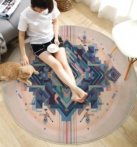 Tapis salon rond antidérapant bleu déco géométrique 60 cm - 5