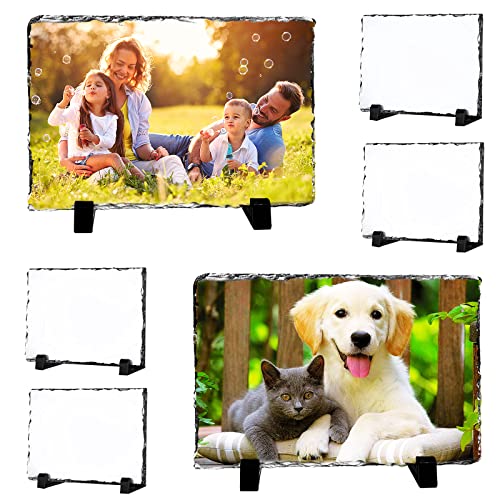 6 Pack Sublimation Slate Blanks,Heat Thermal Transfer Sheet Stone Photo Frame DIY Sublimation Blank with Display Holder for Desktop Souvenir Custom Design Work by XIHEYOMI - Used condition - US$31.34