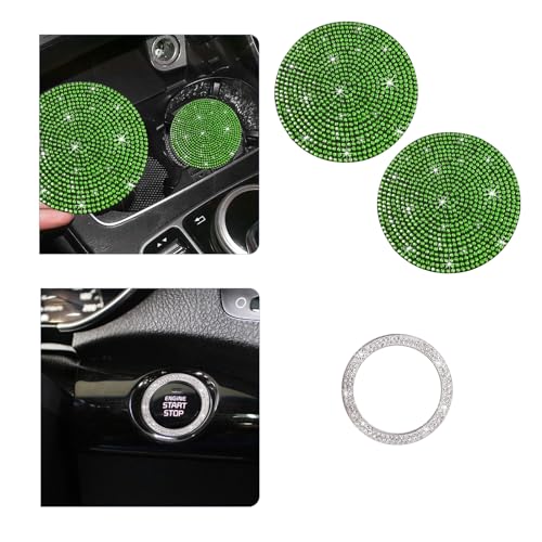 Image of Ziciner 2 Pack Bling Car Cup Holder Coaster, Anti-Slip Auto Insert Coaster with Start Stop Button Cover, Universal Shiny Crystal Vehicle Interior Accessories for Women and Girls (Light Green)