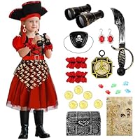 deAO Pirate Costume Toys Set for Kids - Complete Dress Up Outfit with Hat, Eye Patch, Accessories for Halloween, Pretend Play, Themed Parties Age 3-5