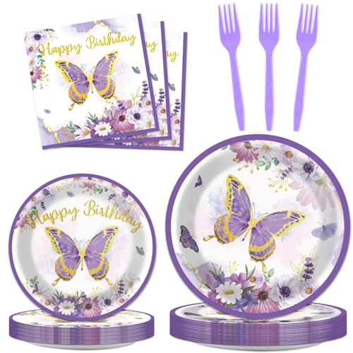 Image of ZOIIWA 96 PCS Purple Butterfly Birthday Party Tableware Set - Butterfly Themed Party Decorations, Plates, Napkins, Forks for Girls, Women, Baby Shower Favors