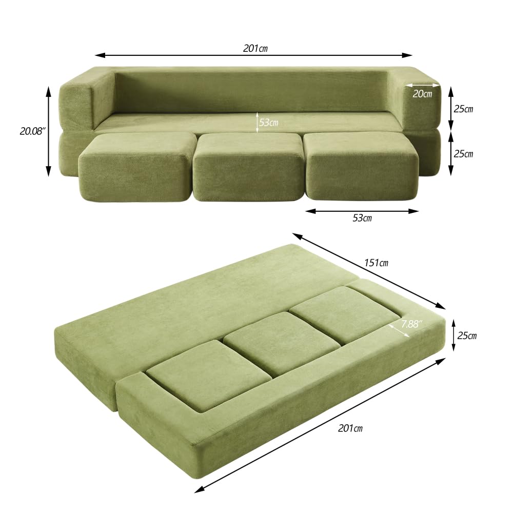 Canapé d'angle Convertible,canapé Convertible,Ensemble canapé lit Convertible avec 3 Repose-Pieds,Lit en Mousse Haute résilience, canapé de Sol Gain de Place en Chenille (Vert)