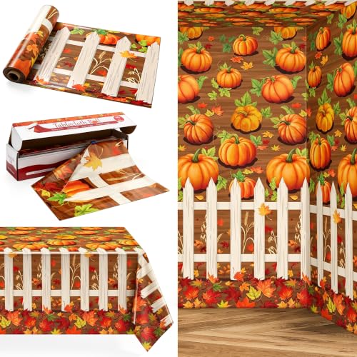 Image of Kochorie 100 Ft x 54 Inch Fall Pumpkin Patch Party Tablecloth Roll with Cutter Box Waterproof Plastic Pumpkin Maple Leaf Backdrop Table Cover for Autumn Thanksgiving Party Decor