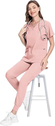 Miniatura 4 de VIAOLI Conjunto de ropa quirúrgica para mujer, conjunto moderno con top de cuello en V y pantalones jogger de 8 bolsillos, uniforme de enfermería