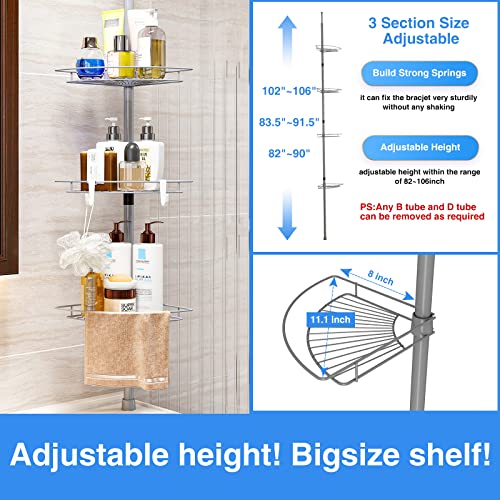 Aiyaka Tension Corner Shower Pole Caddy, Bathroom Storage Organizer With 2 Hooks, 65 To 106 Inch Adjustable Height, 3-Stage Adjustment Height, Silver #TOP4