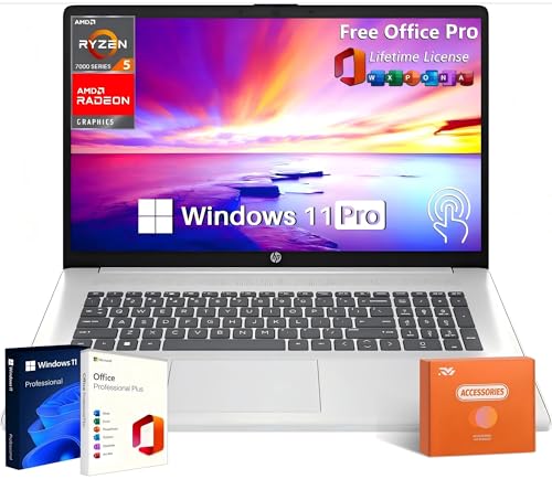 Image of HP 17 Business Laptop, 17.3 inch HD+ Touchscreen, Office Pro Lifetime License, 32 GB RAM, 2 TB SSD, AMD Ryzen 5 7530U 6-Core CPU, AMD Radeon GPU, Webcam, Wi-Fi 6, Windows 11 Pro, w /Accessories